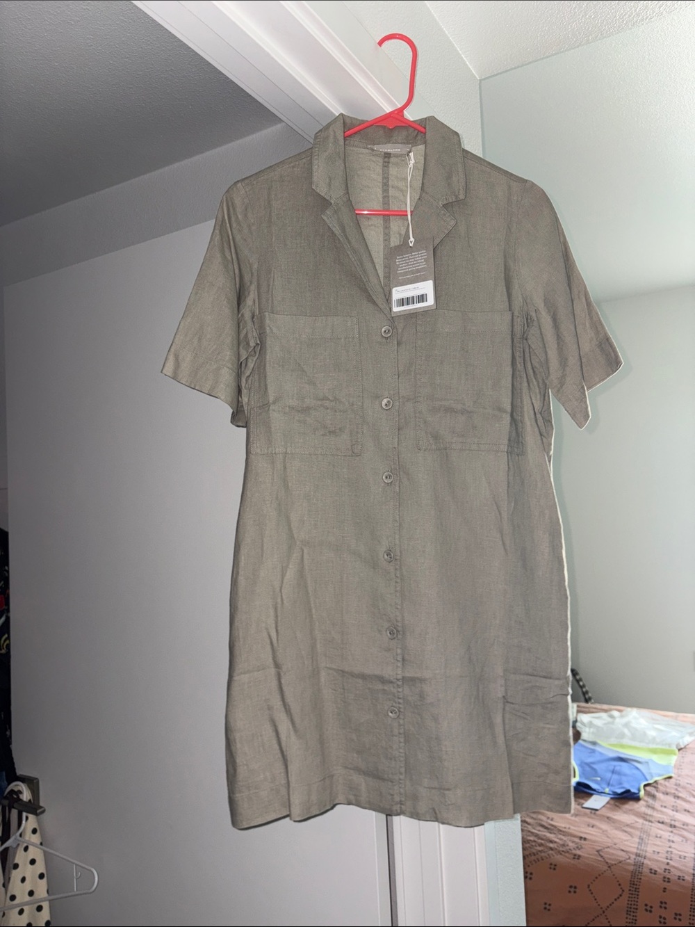 BRAND NEW EVERLANE Light Olive Button-Front Linen Shirt Dress